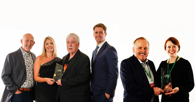 From left to right, Jake den Hollander, general manager, Doidge Home Centres, Sarah Hounslow, BMF, sponsor of the Marc Robichaud Community Award, Jeff Hill, store manager, RONA Fort Erie, Andrew Doidge, vice president, Doidge Home Centres, Angelo Tzogas, store manager, Lowe’s Pickering and Beth Casson, National Hardware Show, sponsor of the Best Larger Surface Retailer Award.